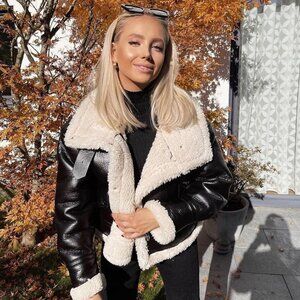 Zara Faux Leather Fleece Collar Jacket Black M 4341/724